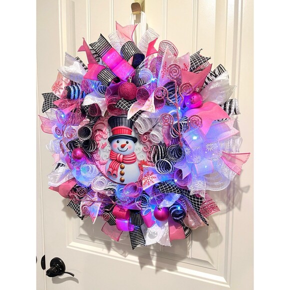 Handmade Bright Top Hat Snowman Holiday Ribbon Door Wreath 22 ins W68 Pink Black - Picture 2 of 12